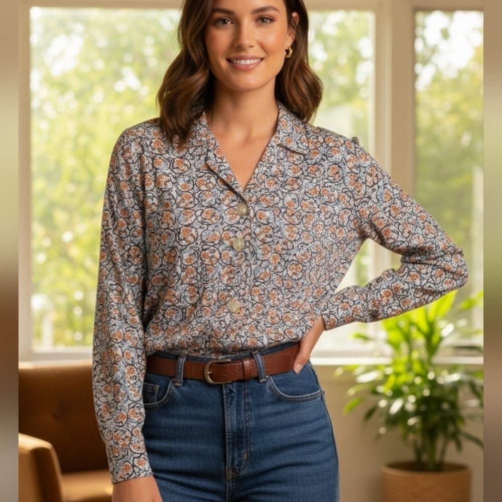 {Lawson} Mid-Century Vintage Button Down Floral Print Blouse